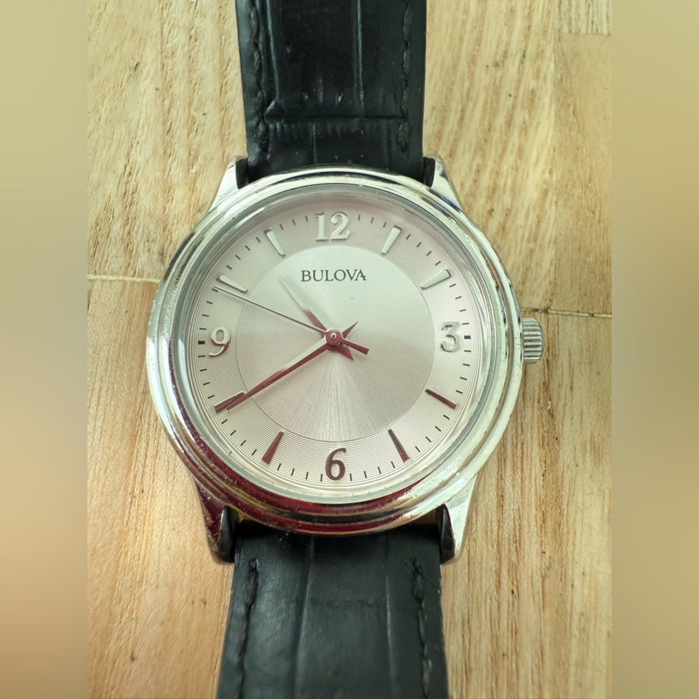 Bulova ladies silver tone black leather classic dress watch NEW BATTERY